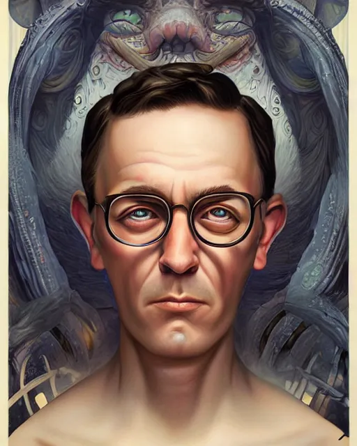 Image similar to lovecraftian portrait of domontovich, pixar style, by tristan eaton stanley artgerm and tom bagshaw