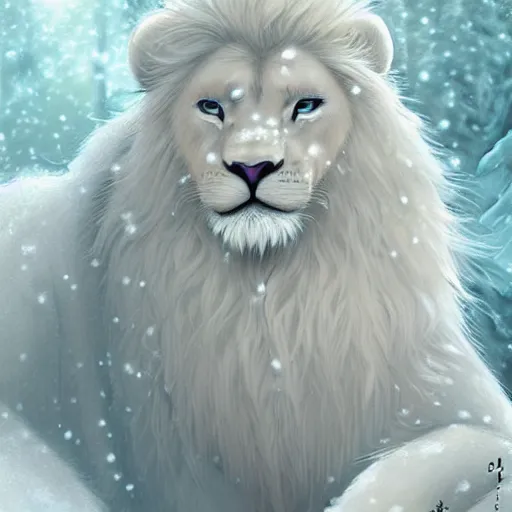 Image similar to aesthetic portrait commission of a albino male furry anthro lion wearing a traditional intricately designed mint colored Kimono, detailed face , hyperdetailed, snowy winter atmosphere. Character design by charlie bowater, ross tran, artgerm, and makoto shinkai, detailed, inked, western comic book art, 2021 award winning painting