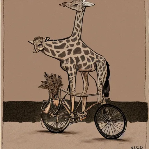 Image similar to giraffe pig hybrids riding bicycles, sepia toned illustration