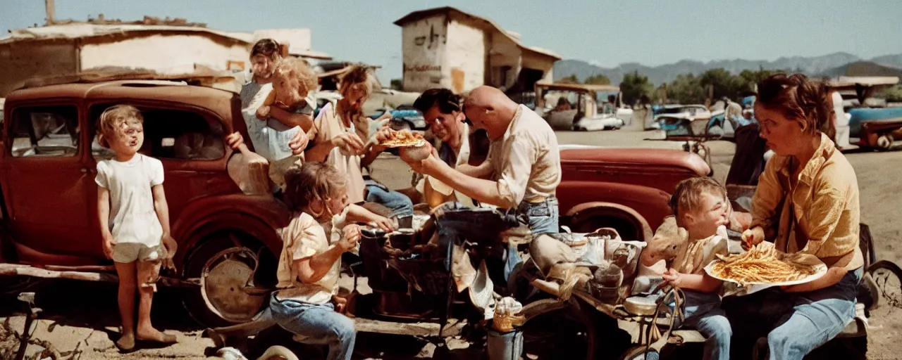 Image similar to dust bowl family eating spaghetti, jalopy, american west, aesthetic!!, small details, facial expression, intricate, canon 5 0 mm, wes anderson film, kodachrome, retro