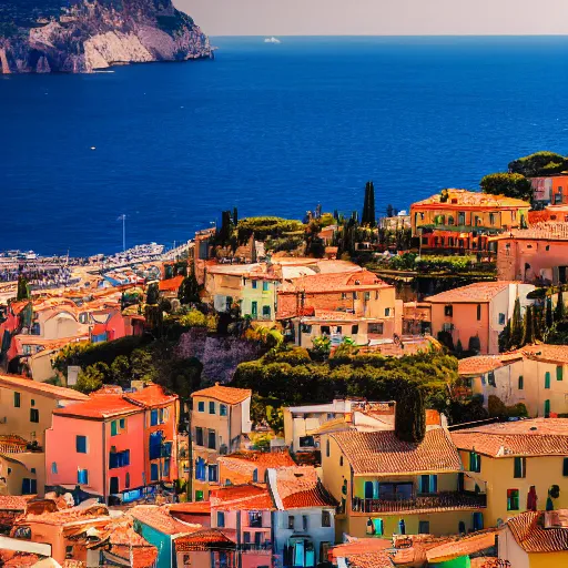 Prompt: Photo of an italian coastal town with many small buildings around a mountain area, cinematic, vivid colors, atmospheric, award-winning, 8k