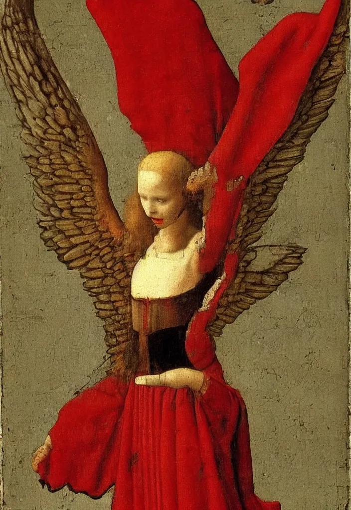 Image similar to Flying Fallen Angel with wings dressed in red, Medieval painting by Jan van Eyck, Johannes Vermeer, Florence