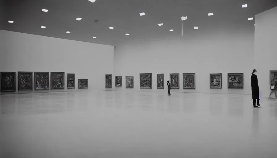Image similar to 60s movie still of a sovietic stalinist style empty art museum with a soviet congress with yellow wall, ROLLEI SUPERPAN 200, liminal Space style, heavy grain