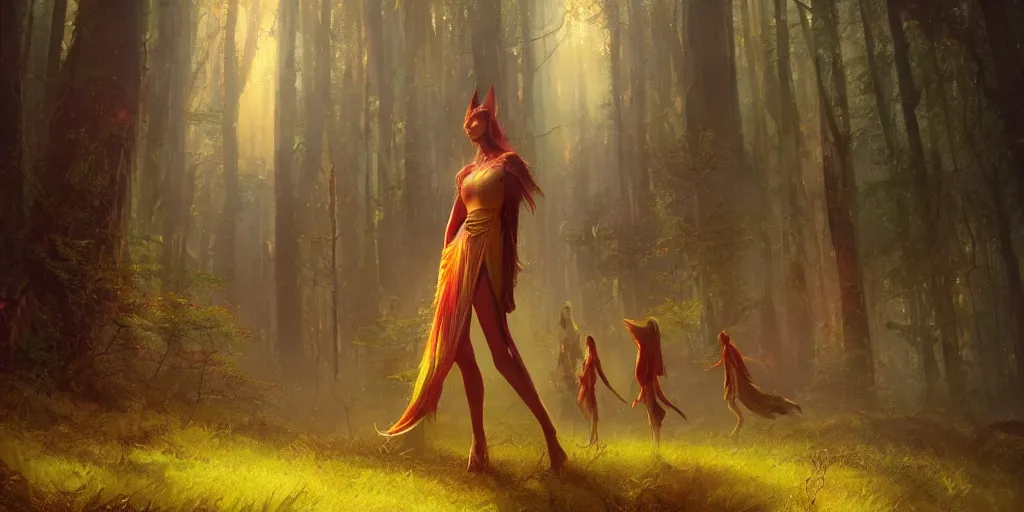 Image similar to a full body portrait of a beautiful elfin woman leading her people to the safety of a new forest of dreams, liminal space, cosmic color scheme, greg rutkowski