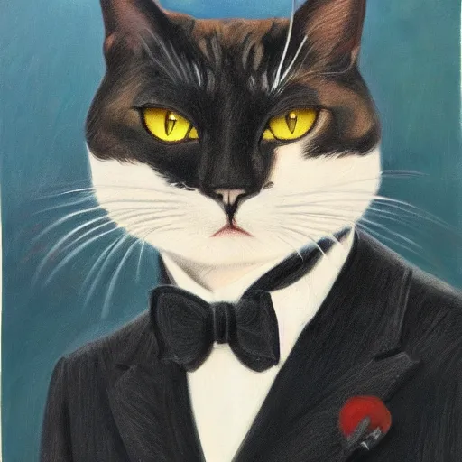 Prompt: portrait of a distinguished gentleman cat, detailed, trending on pixiv, animal drawing, oil on canvas