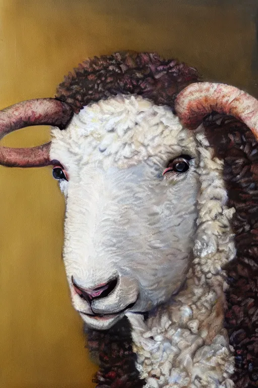 Image similar to anthropomorphic sheep as a ryan, oil on canvas, intricate, portrait, 8 k highly professionally detailed, hdr, cgsociety