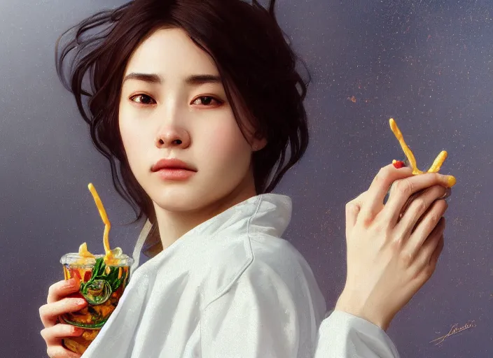 Prompt: Asian Italian young woman wearing cream jacket and navy active adidas pants, drinking vanilla shake and eating fries with ketchup, sigma female, accurately portrayed, portrait art by alphonse mucha and greg rutkowski, highly detailed, digital painting, concept art, illustration, trending on artstation, very detailed, smooth, sharp focus, octane render, close up