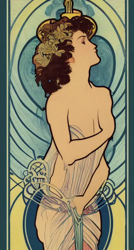 Image similar to a tarot card of a woman, hovering over water with angel wings and she is pouring water between two cups. illustrated in an art deco style by alphonse mucha and an elegant border by tamara de lempika. | studio lighting | digital painting, stunning lighting, trending on artstation