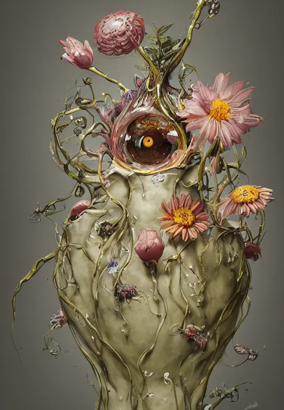 Image similar to biomorphic painting of a vase with flowers and eyeballs, au naturel, hyper detailed, melting plastic, trending in artstation, cinematic lighting, studio quality, smooth render, unreal engine 5 rendered, octane rendered, art style by dorothea tanning and marco mazzoni and ian sprigger and wlop and krenz cushart