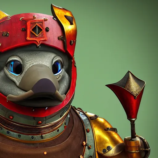 Prompt: a platypus as a medieval knight, colorful three dimensional render, highly detailed, pixar, detailed surface textures, anti - aliasing, rendered in unreal engine 5