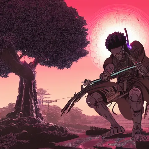 Prompt: afro samurai with very intricate glowing cybernetic eyes in an african zen garden with a baobab tree at sunset, apex legends character digital illustration portrait design, by noah bradley and android jones in a cyberpunk style, synthwave color scheme, dramatic lighting, hero pose, wide angle dynamic portrait
