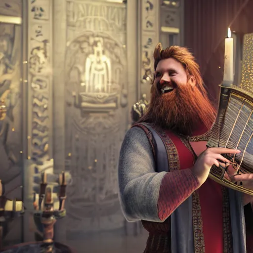 Image similar to fit, red - haired, bearded male in a grey tunic playing a lyre, inside of a candle lit temple, norse god odin, smiling, beside him, bright atmosphere, hyper realistic, photo realistic, movie still, unreal engine, high octane render, 8 k