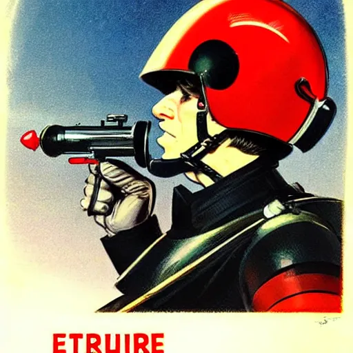 Image similar to a retrofuturistic security officer wearing black helmet and red uniform, vintage, retrofuturism, art by marc davis, marc davis artwork, poster