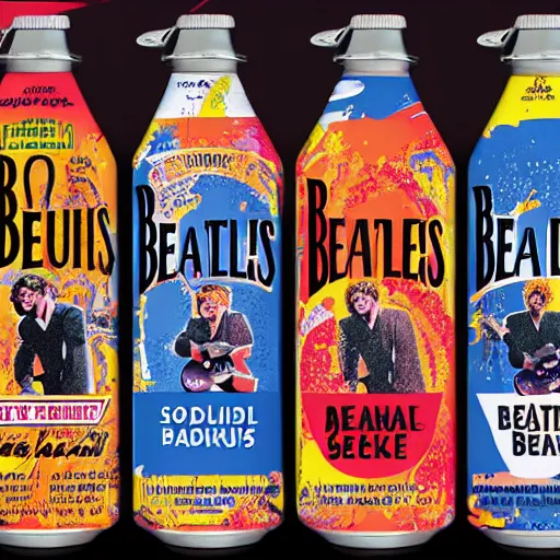 Image similar to an advertisement for a beatles soda, with the beatles pasted on the packaging, soda bottle with a small illustration of the beatles pasted on the packaging, award winning, studio light, 4K