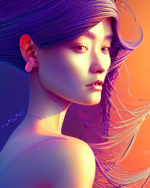 Image similar to ultra detailed, beautiful female android with human hair, side portrait, sharp focus, highly detailed vfx portrait, geometric shapes, global illumination, by moebius!! and james jean and victo ngai and tristan eaton. detailed, vector art, digital illustration, concept art. 8 k, hdr, fractal