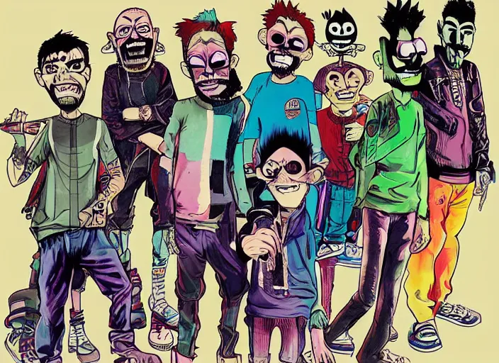 Prompt: linkin park drawn colorfully like the gorillaz by jamie hewlett