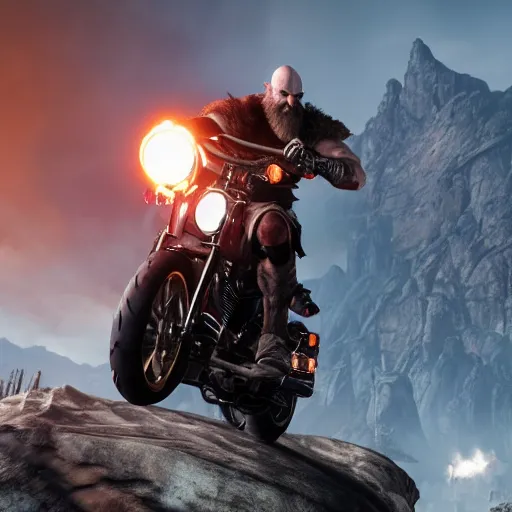 Prompt: kratos, jumping a black harley - davidson motorcycle off a cliff, cinematic render, playstation studios official media, god of war 2 0 1 8