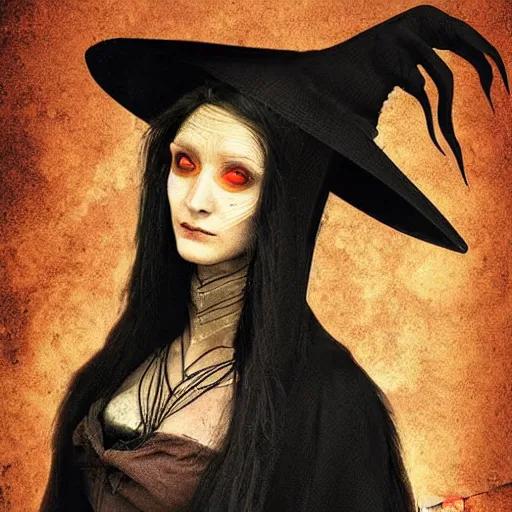 Image similar to a cyberpunk witch painted by leonardo da vinci, tim burton, digital art