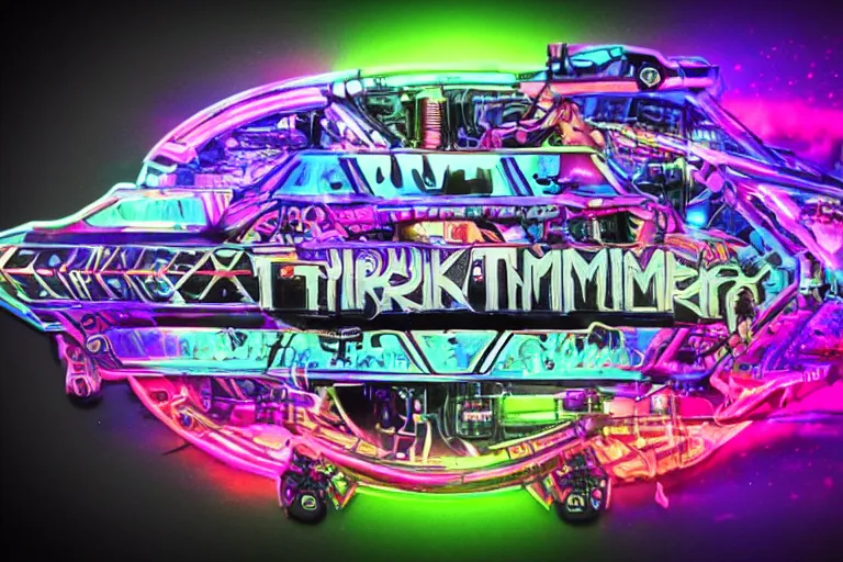 Image similar to bumper sticker of a rockband, name is tripmachine, on the sticker is a 3 d render of a huge futuristic steampunk generator, 8 k, fluorescent colors, halluzinogenic, multicolored, exaggerated detailed, silk screen art