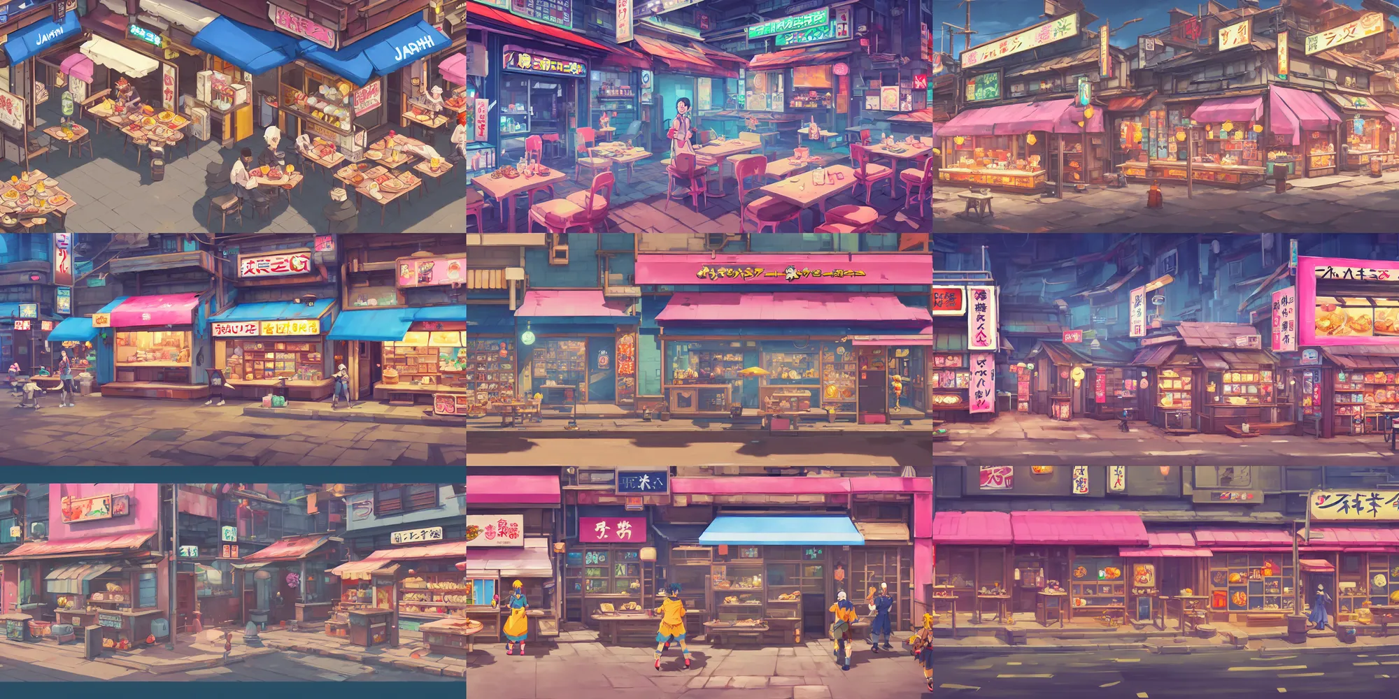 Prompt: game asset of japanese store fronts food joints and restaurant, in gouache detailed paintings, props, stylized, 2 d sprites, kitbash, arcane, overwatch, blue and pink color scheme, 8 k, close up