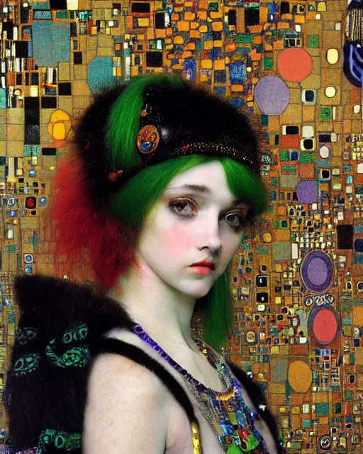 Image similar to a close up of beautiful decora cybergoth emo girl wearing a balaclava surrounded by colourful intricate patterns, by gustave klimt edgar maxence and caravaggio and michael whelan, intricate painting, hyper realistic, extremely detailed and beautiful aesthetic face, inside maximalist baroque vaporwave royalty frames