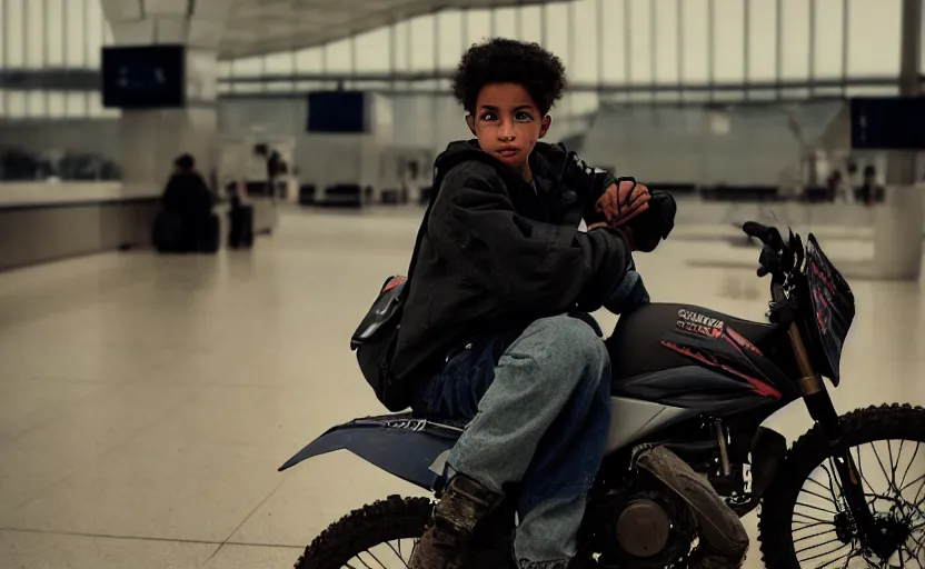 Image similar to cinestill 5 0 d candid photographic portrait by helen levitt of a mixed teen wearing rugged black mesh techwear riding on a dirtbike through an airport under siege, extreme closeup, modern cyberpunk moody emotional cinematic, snow storm, 8 k, hd, high resolution, 3 5 mm, f / 3 2, ultra realistic faces, ex machina