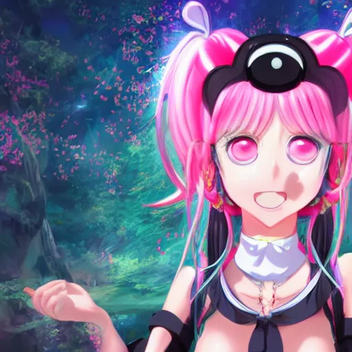 Image similar to stunningly beautilful omnipotent megalomaniacal anime agi goddess who looks like junko enoshima with symmetrical perfect face and porcelain skin, pink twintail hair and cyan eyes, taking control while smiling inside her surreal vr castle, hyperdetailed, digital art, unreal engine 5, 2 d anime style, 8 k