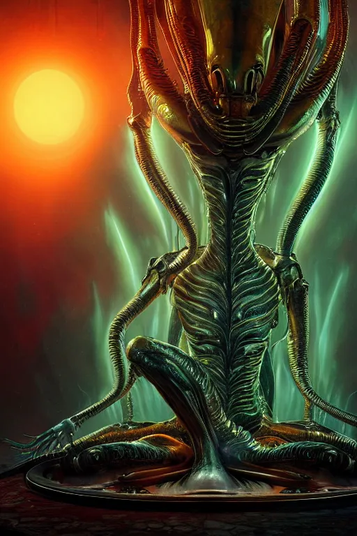 Prompt: masterpiece poster of glistening elegant queen empress xenomorph alien meditating lotus position, inside ominous glowing alien temple shrine. in the style of aliens, by weta workshop, james cameron, h. r. giger, beautiful octane render, extremely intricate, epic composition, cinematic lighting,, trending on artstation, cinematic dramatic atmosphere, matte painting