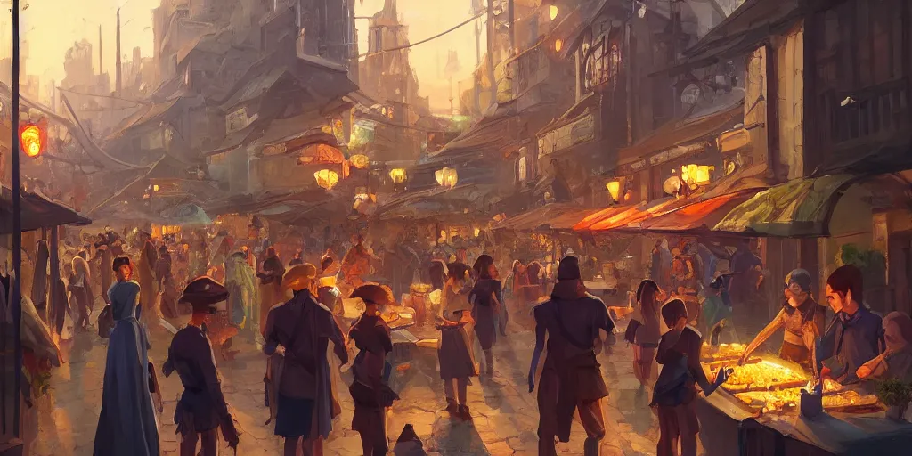 Image similar to a busy fantasy street night market from within a fascinating old city, by Sylvain Sarrailh, by Sebastian Luca, by Nicodemus Yang-Mattisson, cinematic, simple but effective composition, clean lines, beautiful digital painting, oil painting, dungeons and dragons, lord of the rings
