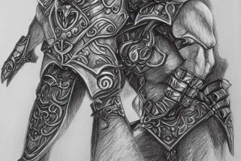 Image similar to a pencil drawing of a wolf, full body, D&D, armor, made by by Pen Tacula