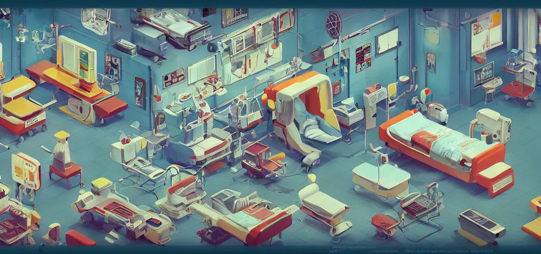 Prompt: retro hospital concept art, vibrant colors, 8 k photorealistic, hd, high details, trending on artstation