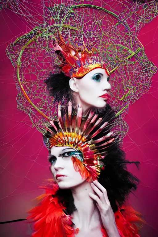 Image similar to woman with headdress, alexander mcqueen, flamingo baroque style, panfuturism, clockwork, floral, spider web, epic, hybrid, extravagant, retro futuristic, bold natural colors, masterpiece, trending on artstation, photography