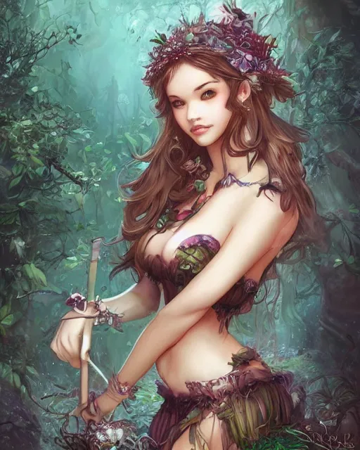 Image similar to A beautiful maid in a magical forest, bikini, beautiful face, very detailed face, fantasy art, in the style of artgerm, illustration, epic, fantasy, intricate, hyper detailed, artstation, concept art, smooth, sharp focus