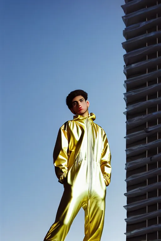 Image similar to un ultra high definition studio quality photographic art portrait of a young man standing on the rooftop of a british apartment building wearing soft baggy inflatable padded iridescent pearlescent jumpsuit. three point light. extremely detailed. golden ratio, ray tracing, volumetric light, shallow depth of field. set dressed.