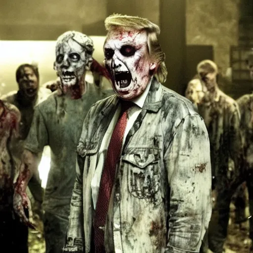 Image similar to donald trump as zombie in the walking dead. movie still. cinematic lighting
