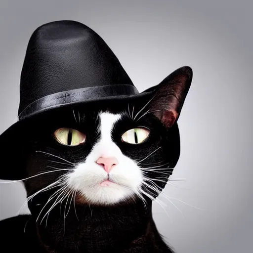 Image similar to a cat gentleman wearing a black leather hat, frontal view, cool looking