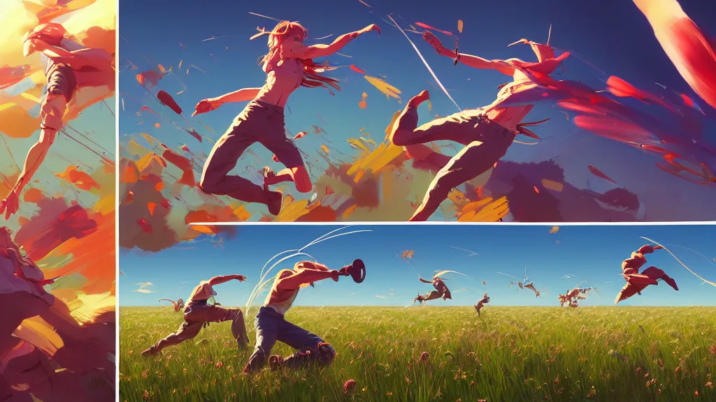 Image similar to highly detailed comic spread combination of art styles depicting an impactful action scene on open meadow clear sky with expert design fictional characters, bright colors, high color saturation, dynamic art by sakimi, moebius, makoto shinkai, murata, james jean, craig mullins, digital painting, masterpiece, best selling, pixiv, volumetric lighting, realistic shaded lighting