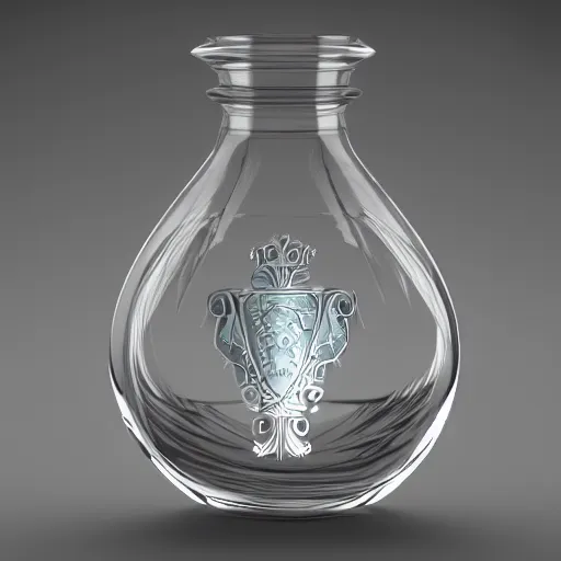 Prompt: transparent ancient magical potion flask engraved stallion, raytracing, caustics, 3d rendering, unreal engine, iray, vray, keyshot