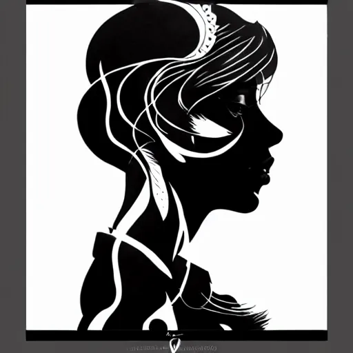 Prompt: black and white silhouette feminine spanish woman portrait alina ivanchenko style logo, ink drawing, art by jc leyendecker and sachin teng