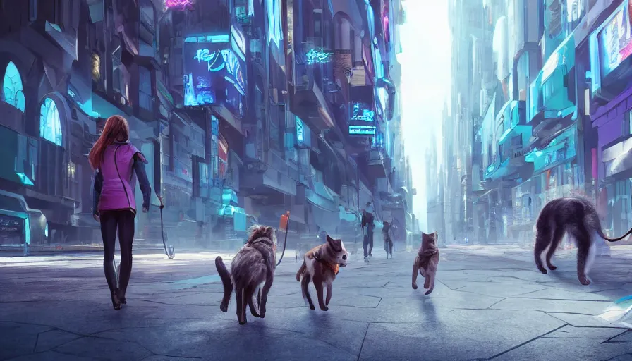 Image similar to Dog and cat walking together in a futuristic city, hyperdetailed, artstation, cgsociety, 8k