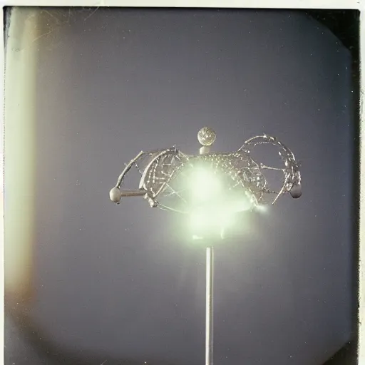 Image similar to old polaroid depicting a small intricate metallic alien probe, on a clearing
