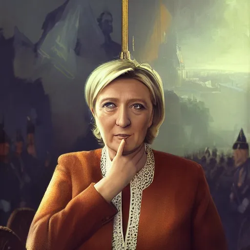 Image similar to Portrait of Marine le Pen as emperor of France , amazing splashscreen artwork, splash art, head slightly tilted, natural light, elegant, intricate, fantasy, atmospheric lighting, cinematic, matte painting, by Greg rutkowski