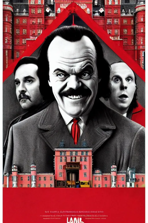 Image similar to a movie poster for the film the shining featuring a large portrait of jack nicholson's face and a fireaxe in the style of wes anderson's the grand budapest hotel.