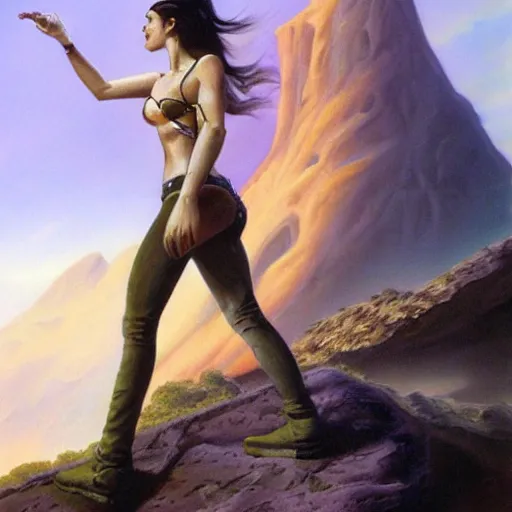 Image similar to teenage emo woman standing on a cliff, heroic, epic, matte painting by Boris Vallejo