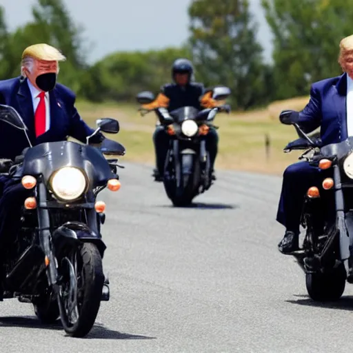 Prompt: donald trump and joe biden riding a motorcycle