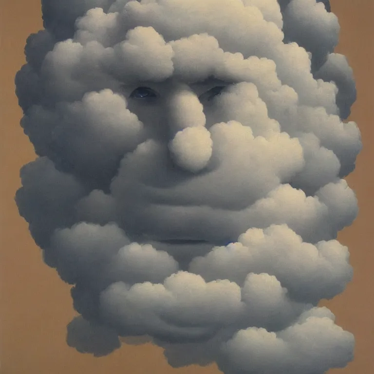 Image similar to portrait of a cloud faced man, by rene magritte, centered, detailed painting, hd, hq, high resolution, high detail, 4 k, 8 k