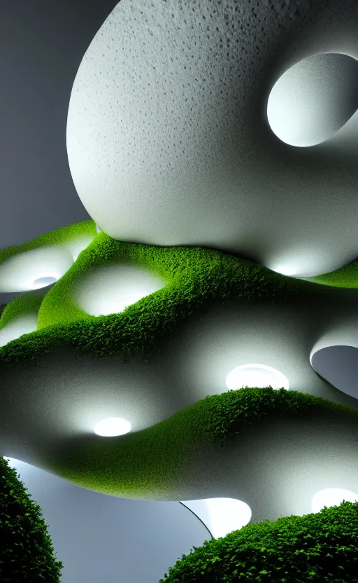 Image similar to highly detailed ultra sharp 3 d render cinematic composition of a smooth ceramic porcelain magnolia stone nebula biomorphic fluid fractal sci - fi surreal architecture landscape, metallic, white marble, foliage moss, vincent callebaut composition, mamou - mani, archviz, beautiful lighting, 8 k, unreal engine, hdr,