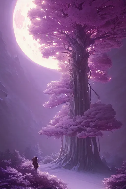 Image similar to giant tree in snow with purple flowers on the moon, unreal engine, fantasy art by greg rutkowski, loish, rhads, ferdinand knab, makoto shinkai and lois van baarle, ilya kuvshinov, rossdraws, tom bagshaw, global illumination, radiant light, detailed and intricate environment