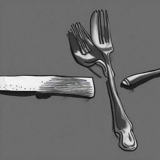 Prompt: detailed sketch, a prototype concept design of a knife and fork, commercial tv add, blade runner style,