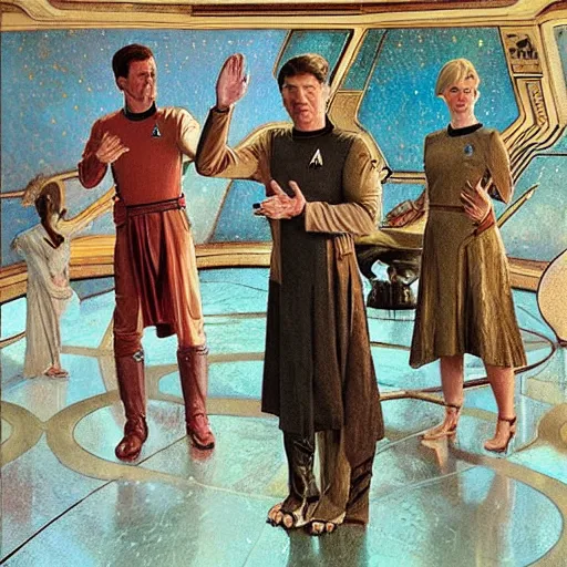 Prompt: STAR TREK nordics waving at the viewer designed in ancient Greece, (SFW) safe for work, photo realistic illustration by greg rutkowski, thomas kindkade, alphonse mucha, loish, norman rockwell